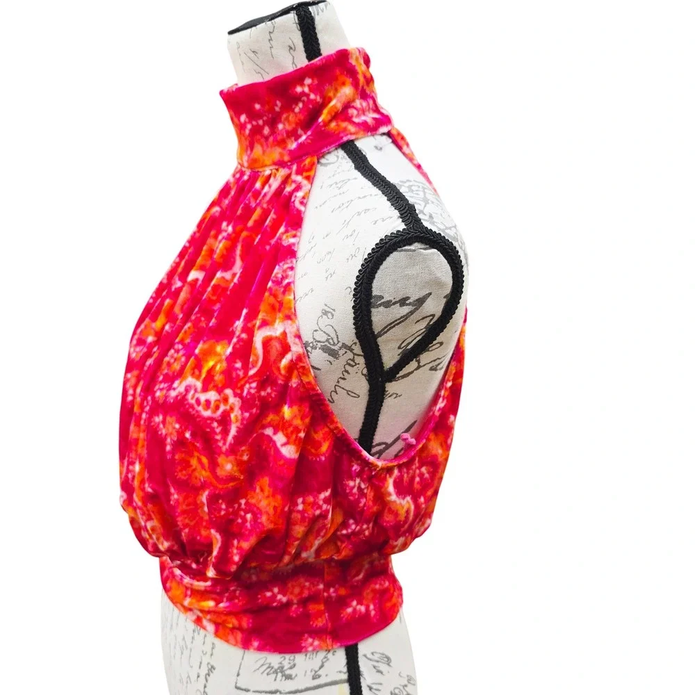 Free People -1853 Take A Break‎ Velvet Floral Orange Halter Top Blouse XS